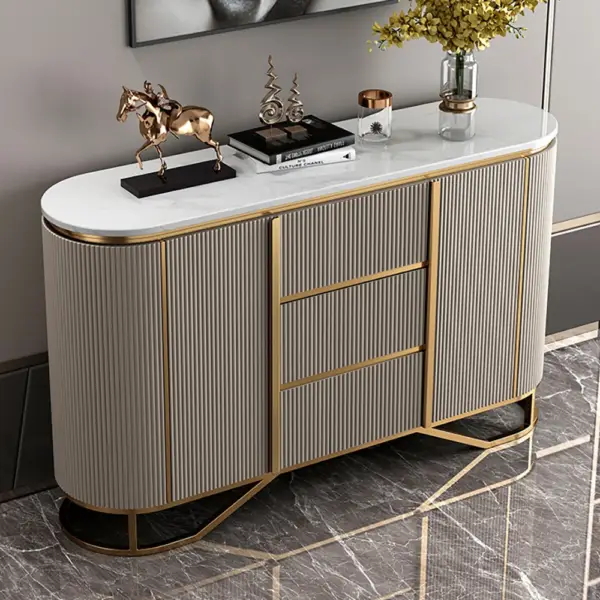 White Buffet Faux Marble Top Modern Sideboard with Stainless Steel Base