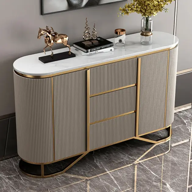White Buffet Faux Marble Top Modern Sideboard with Stainless Steel Base
