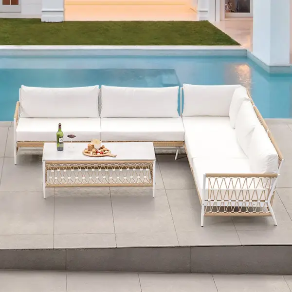 Ropipe 4 Pieces L Shape Woven Rope Outdoor Sectional Sofa Set in Khaki & White For 5 - Image 3