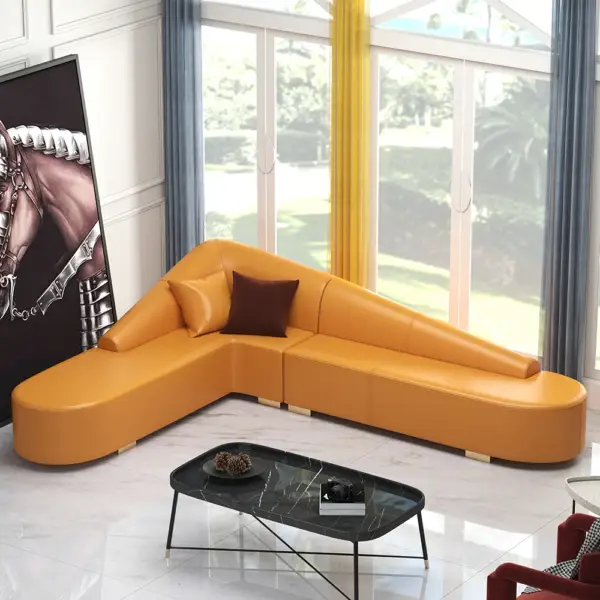 Modern 6-Seater Orange L-Shaped Corner Sectional Sofa Faux Leather Upholstery - Image 5