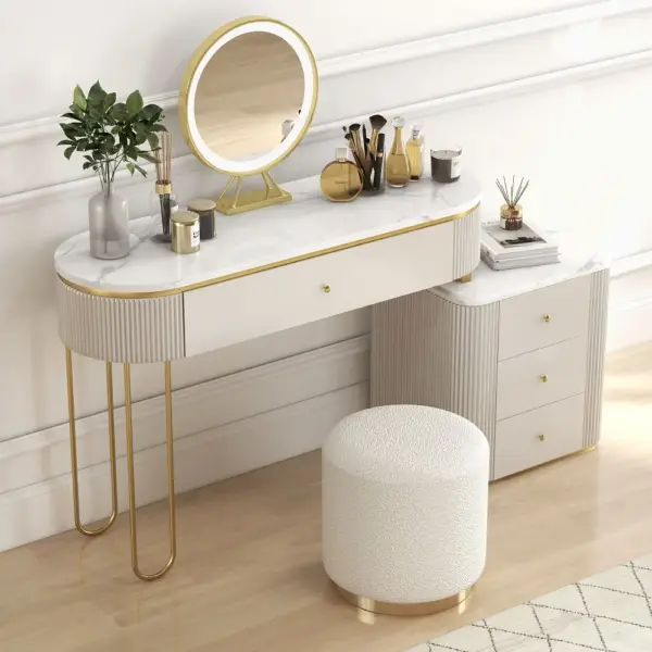 Oboval Modern Makeup Vanity Table with Side Cabinet 4 Drawers & Faux Marble Top in White - Image 4