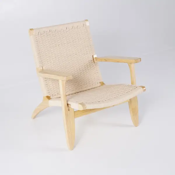 Japandi Solid Wood Outdoor Patio Lounge Chair Armchair Kraft Paper Rope Woven Seat - Image 6