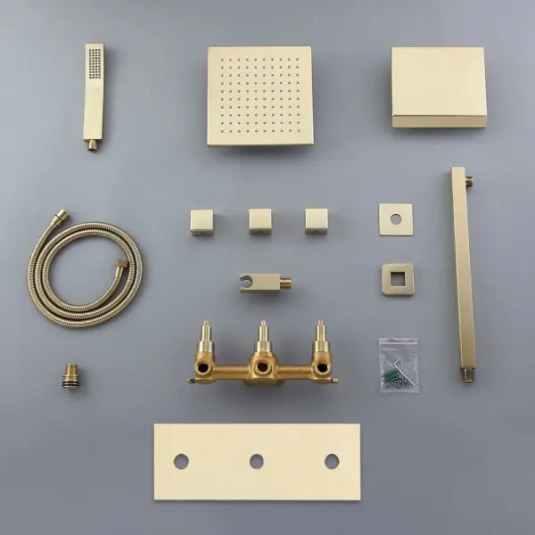 Moda Wall-Mounted 250mm Shower Set in Brushed Gold Rainfall 3 Function Solid Brass - Image 10