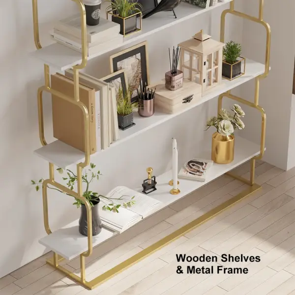 1800mm Modern White Tall Freestanding Wooden Office 4 Shelves Etagere Bookcase in Gold - Image 9