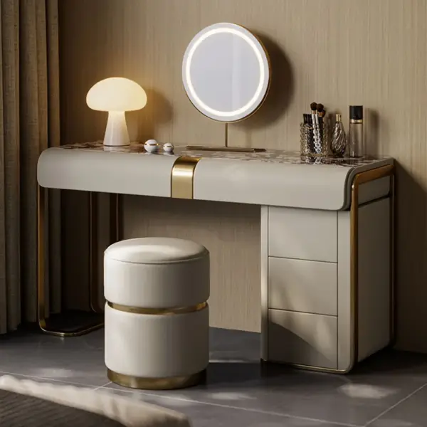 Modern Grey Makeup Vanity Set with Side Cabinet Dressing Table with Mirror & Stool