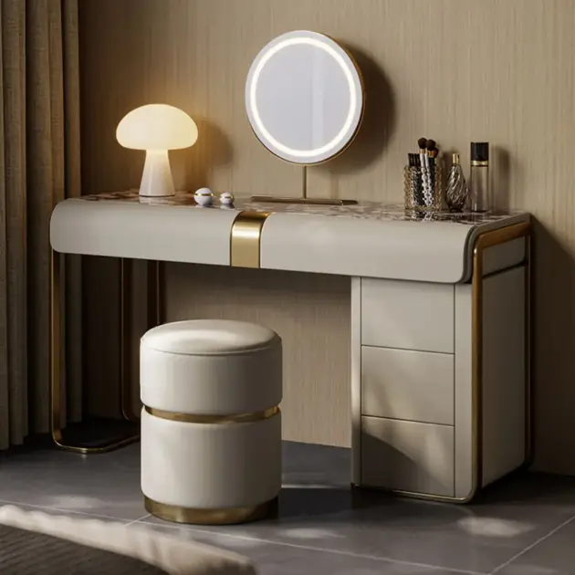 Modern Grey Makeup Vanity Set with Side Cabinet Dressing Table with Mirror & Stool