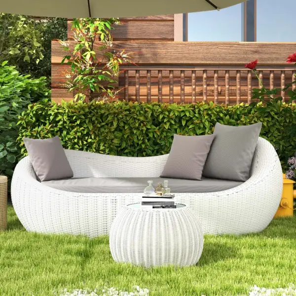 White Woven Rattan Round 1910mm Outdoor Sofa with Cushion & Pillow and Curved Back - Image 3