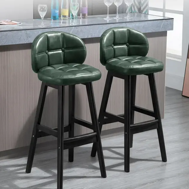Green PU Leather Bar Height Rustic Bar Stools Set of 2 Tufted Curved Back