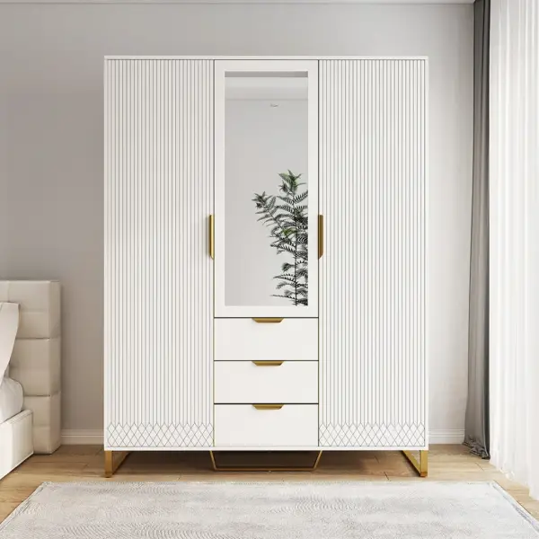 Aro Modern 3 Door Mirrored Armoire Dresser with Shelves & Drawers Tall Wardrobe Closet - Image 16