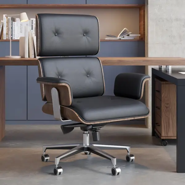 Modern Black Home Office Chair Swivel Upholstered Wooden Desk Chair Adjustable Height - Image 4
