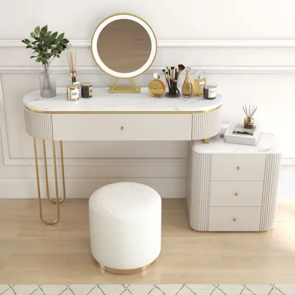 Oboval Modern Makeup Vanity Table with Side Cabinet 4 Drawers & Faux Marble Top in White - Image 2