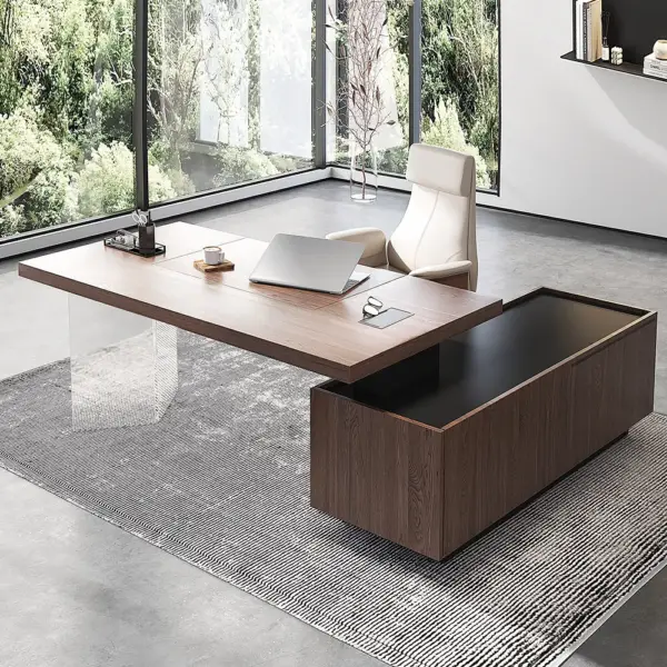 1815mm Modern Walnut Standing L-Shape Desk with Side Cabinet and lifter Desktop - Image 6