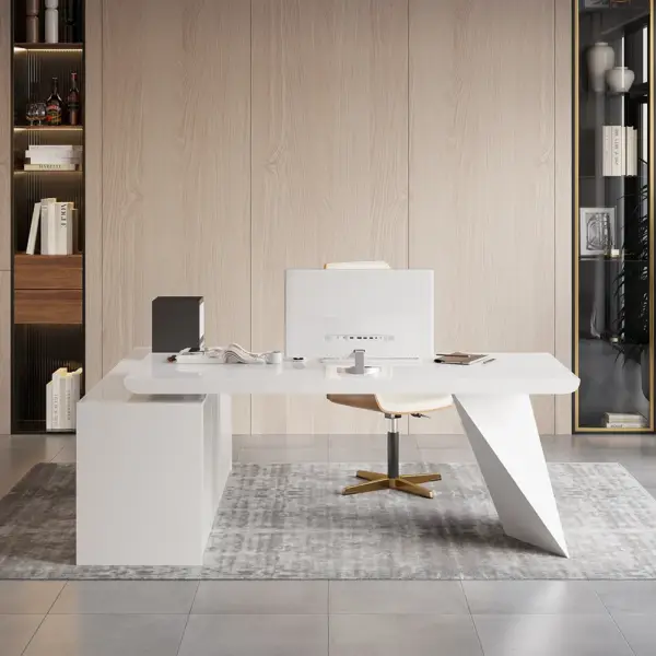 2000mm Modern White L-Shape Executive Desk Drawers & Cabinet Office Desk Right Hand - Image 6
