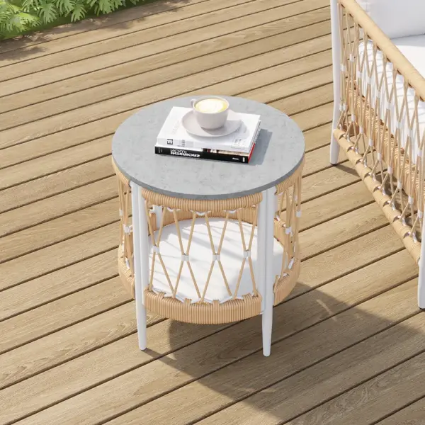 3 Pieces Aluminum & Weave Rope Outdoor Swivel Sofa Set with Side Table in Khaki for 2 - Image 8