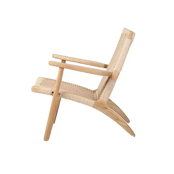 Japandi Solid Wood Outdoor Patio Lounge Chair Armchair Kraft Paper Rope Woven Seat - Image 5