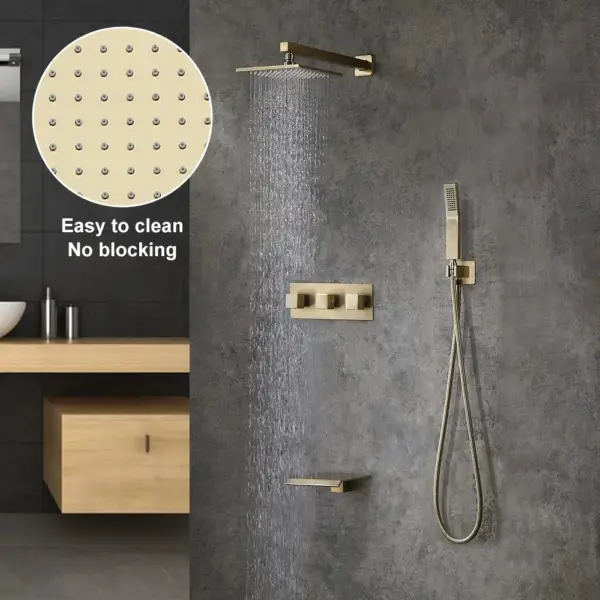 Moda Wall-Mounted 250mm Shower Set in Brushed Gold Rainfall 3 Function Solid Brass - Image 12