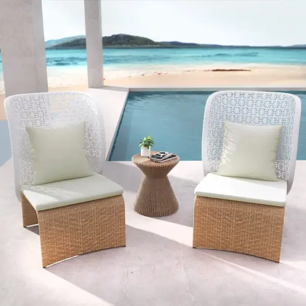 Hofer Rattan Outdoor Wingback Chair with White Cushion Pillow with Arched Bottom - Image 2
