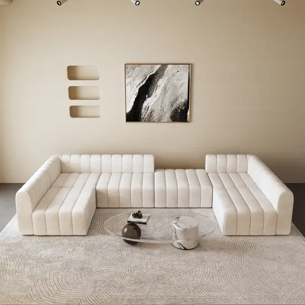 3020mm Off White Velvet Modular Pit Sectional Sofa Set Convertible 6-Seater Upholstered - Image 3