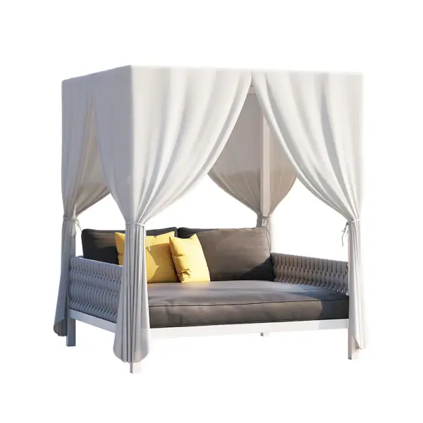 White Aluminium & Grey Woven Rope 2-Person Outdoor Patio Daybed with Canopy Curtains - Image 9