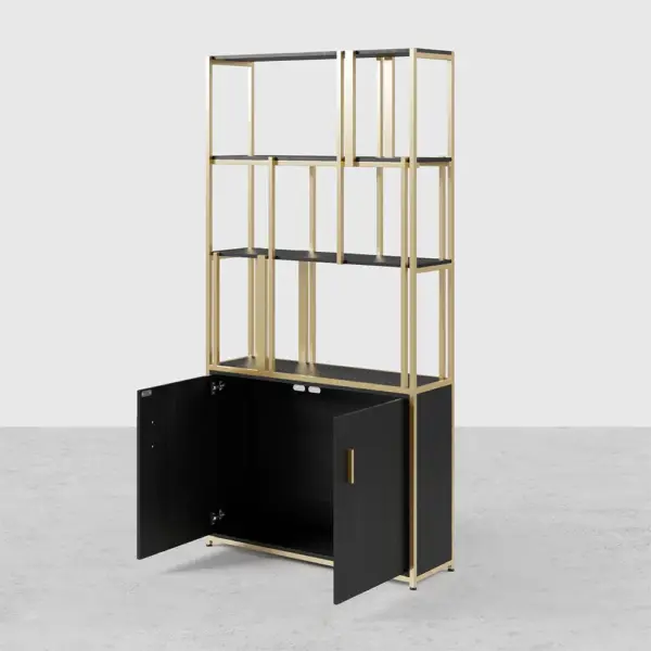 2000mm 5-Tier Black & Gold Bookshelf with 2 Doors Storage Cabinet - Image 11