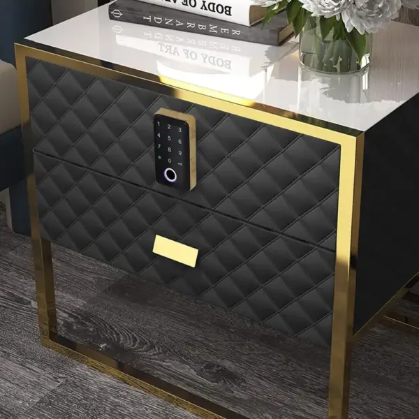 Black 2 Drawers Bedroom Nightstand with Electronic Lock Stainless Steel Base - Image 2
