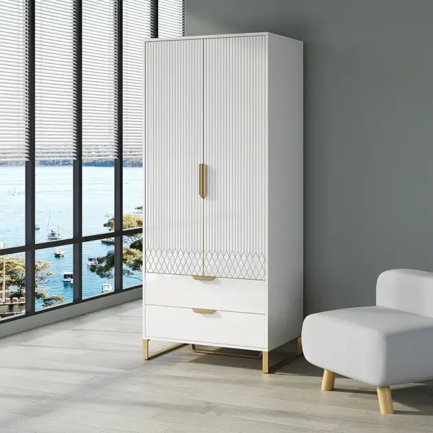 Aro Modern White Tall Wardrobe with Storage Bedroom Clothing Armoire