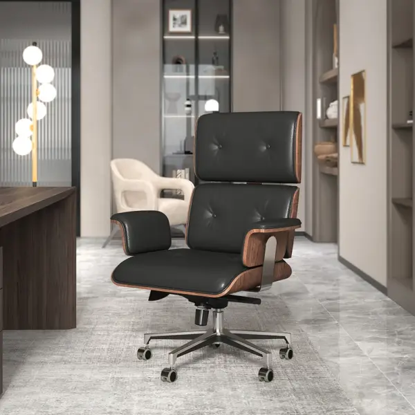 Modern Black Home Office Chair Swivel Upholstered Wooden Desk Chair Adjustable Height - Image 3