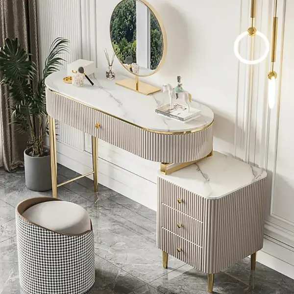 Champagne Faux Marble Top Makeup Vanity Set with 1 Stool & 1 Cabinet & 1 Mirror - Image 4