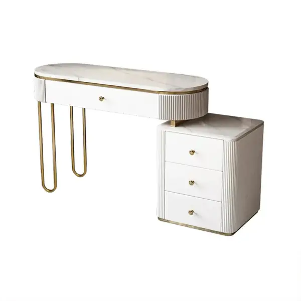 Oboval Modern Makeup Vanity Table with Side Cabinet 4 Drawers & Faux Marble Top in White - Image 8