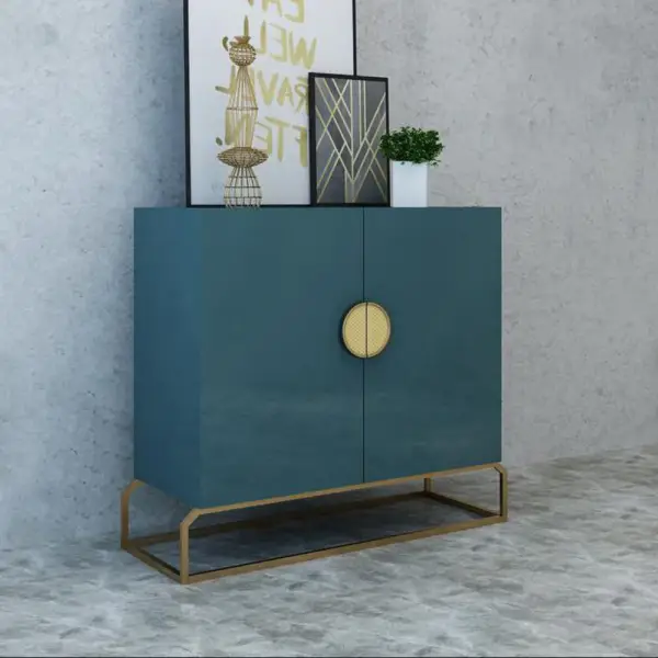 2-Door Peacock Blue Console Table Storage Cabinet Hallway Gold Accent - Image 2