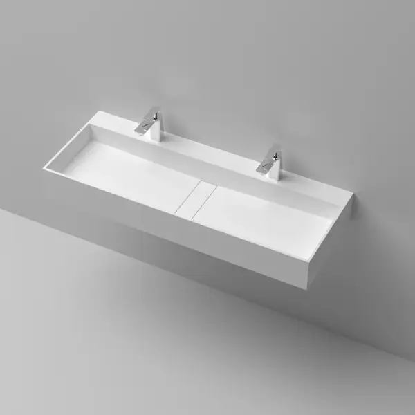 1200mm Wall-Mount Double Basin Stone Resin Matte White Floating Trough Bathroom Basin - Image 12