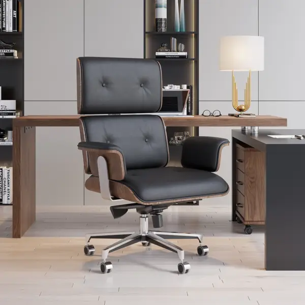 Modern Black Home Office Chair Swivel Upholstered Wooden Desk Chair Adjustable Height - Image 2