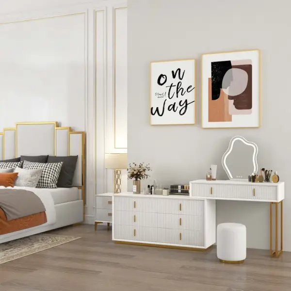 Modern White Makeup Vanity Set with 6-Drawer Cabinet Dressing Table with Stool & Mirror - Image 7