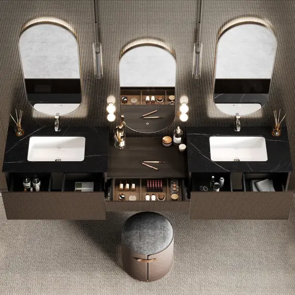Modern Floating Double Sink Bathroom Vanity Set with Makeup Table Walnut - Image 6