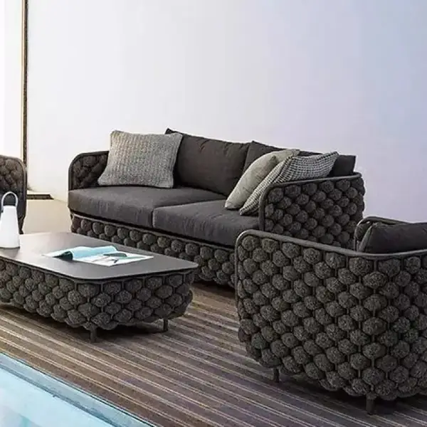Martic 1350mm Wide Aluminium & Rope Outdoor Loveseat Patio Sofa with Cushions in Black - Image 3