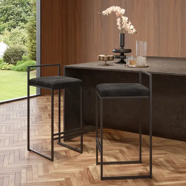 Set of 2 Modern Upholstered Black Velvet Bar Stool - Image 6