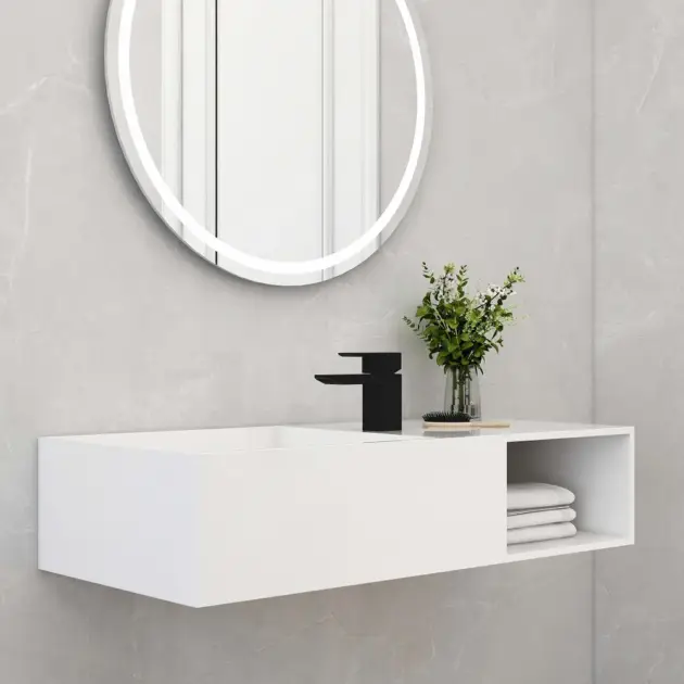 900mm Wall-Mount Stone Resin Wash Basin in Matte White with Storage Cubby Hole