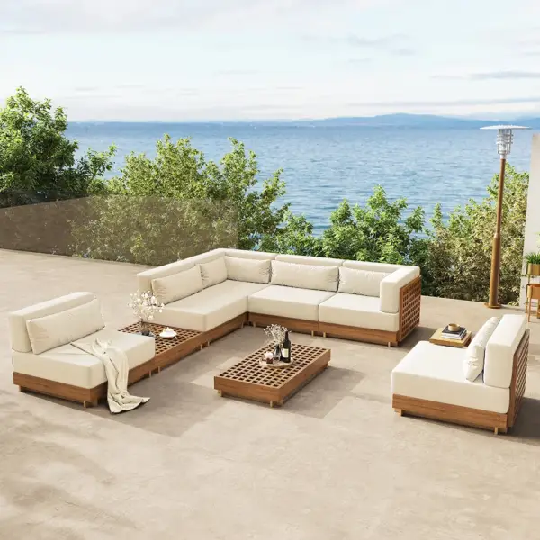 9 Pieces Teak Modular Outdoor Patio Sectional Sofa Set with Coffee Table and Cushion - Image 3