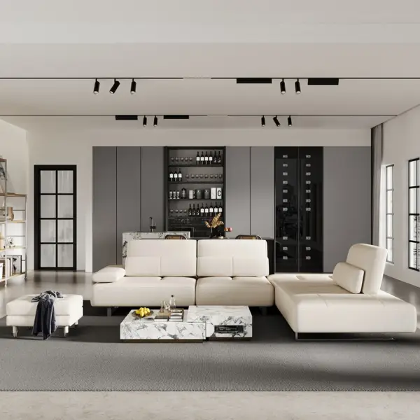 3420mm White Leather Lounge Deep Seat Sectional Sofa with Adjustable Armrest & Backrest - Image 4