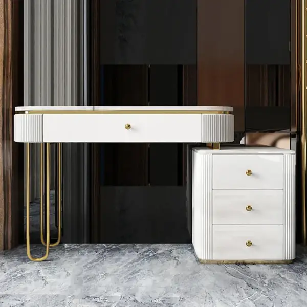 Oboval Modern Makeup Vanity Table with Side Cabinet 4 Drawers & Faux Marble Top in White - Image 7