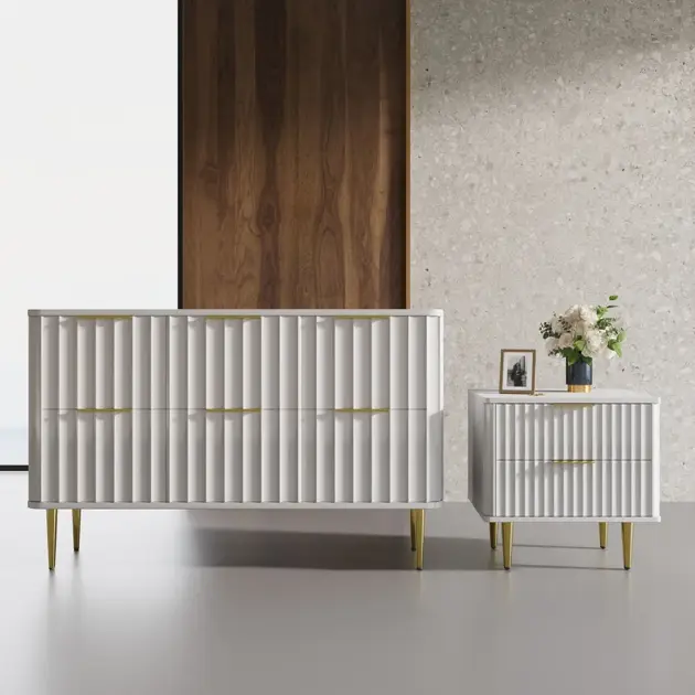 Modern White 6 Drawer Dresser and 2 Drawer Nightstand Bedroom Set