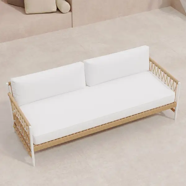 Ropipe Woven Rope Outdoor Sofa 3-Seater Sofa with White Polyester Pillow Cushion - Image 3