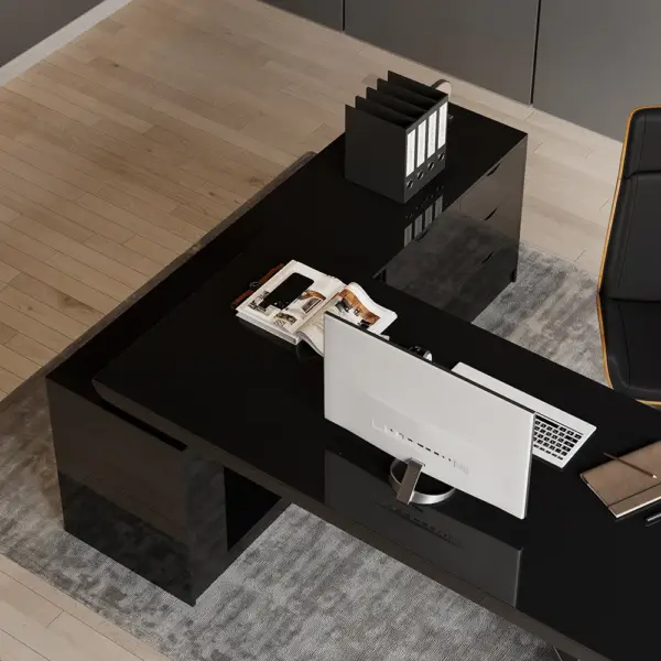 1800mm Black L-Shape Executive Desk Modern Drawers & Cabinet Large Desk Right Hand - Image 7