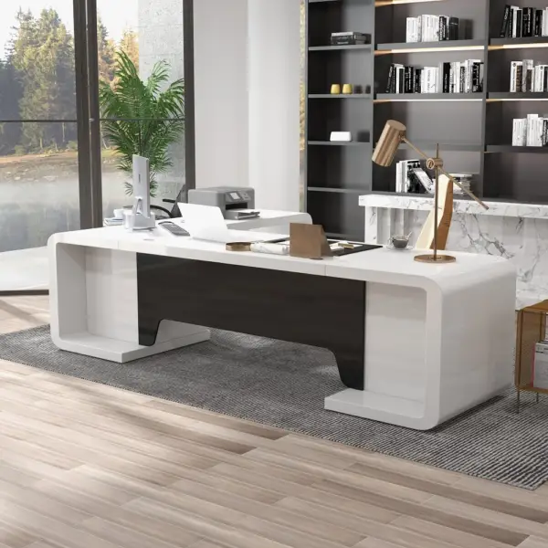 2200mm L-Shaped Modern Executive Desk of Right Hand with Drawers in White & Black