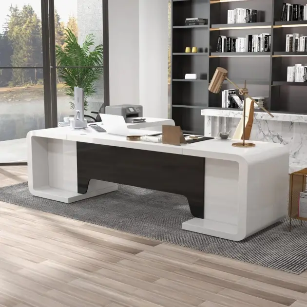2200mm L-Shaped Modern Executive Desk of Right Hand with Drawers in White & Black