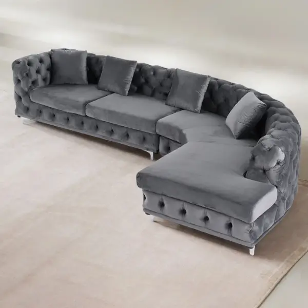 L-Shaped Curved Grey Sectional Sofa Upholstered Velvet Chesterfield Sofa - Image 3