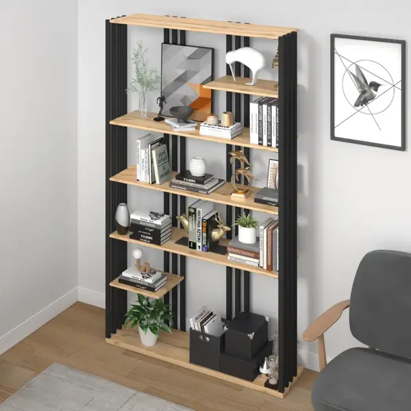 2000mm Modern Natural Etagere Bookcase 6-Tier Bookshelf Display in Black Finish - Image 3