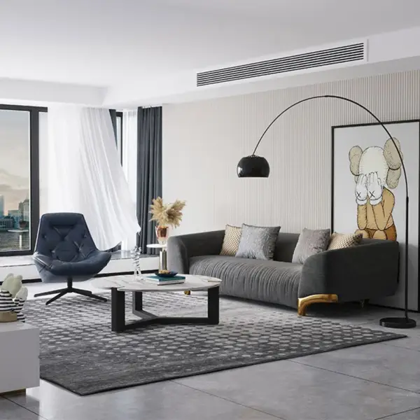 2200mm Grey 3-Seat Cotton & Linen Upholstered Sofa with Pillows Gold Legs - Image 2