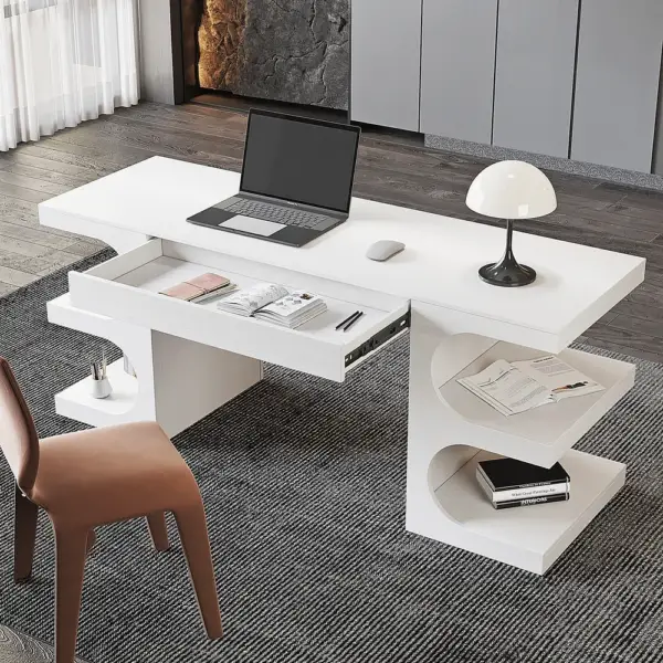 1630mm White Wooden Writing Desk Modern Office Desk with 1 Drawer & 4 Open Shelves - Image 2