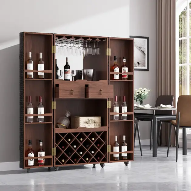 Industrial Black Leather Bar Wine Rack Cabinet with Door Storage Home Bar Cabinet
